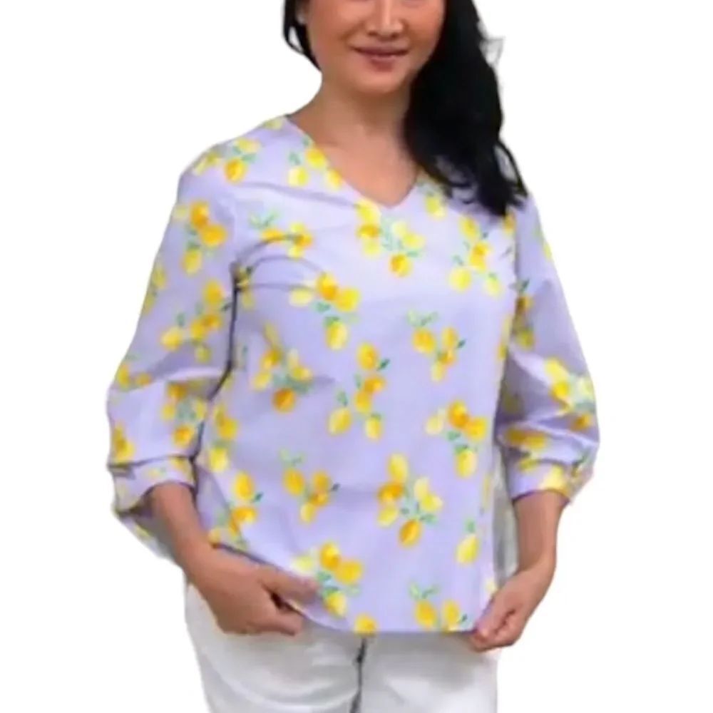 Denim& Co Printed Stretch Poplin Tie-Sleeve Blouse